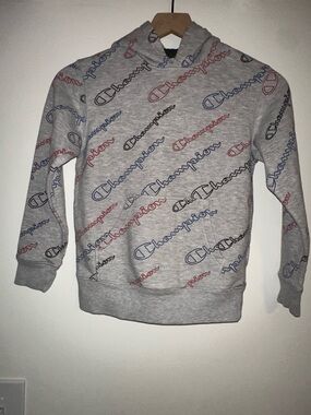 Champion Gray Crewneck Hoodie with Red and Blue Logo Print